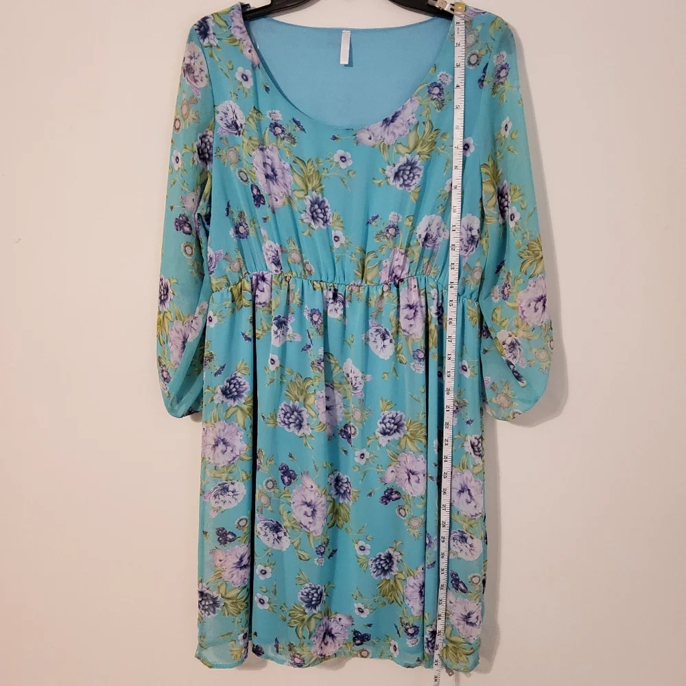 PNK BLUSH TEAL  FLORAL CHIFFON 3/4 LENGHT SLEEVE SCOOP NECK SIZE XL - Picture 2 of 7